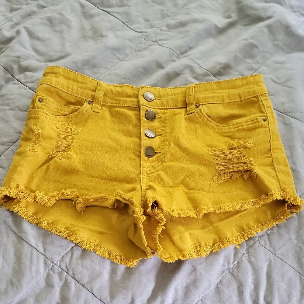 Billabong Yellow Button-Up Women's Shorts With Destruction Detail